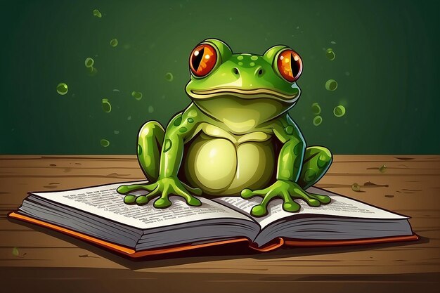 Photo green frog reading book