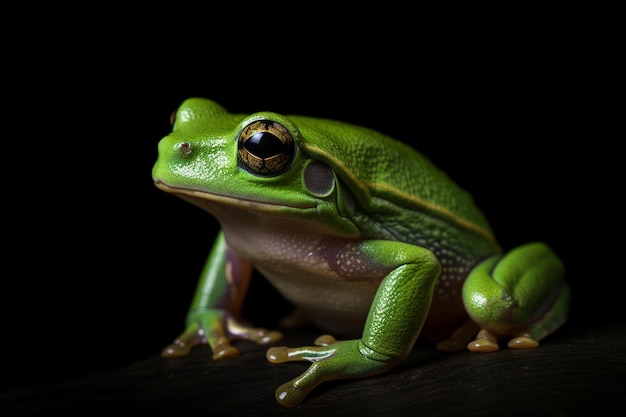 A green frog sits on a black background