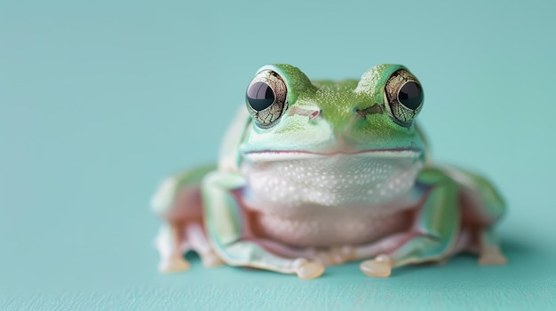 Photo a green frog sits on a blue background