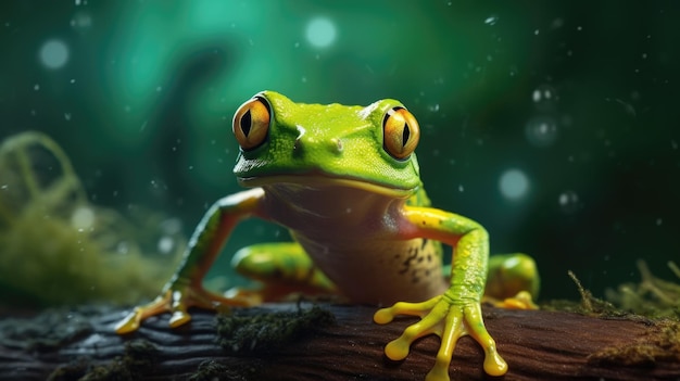 A green frog sits on a branch in front of a green background.