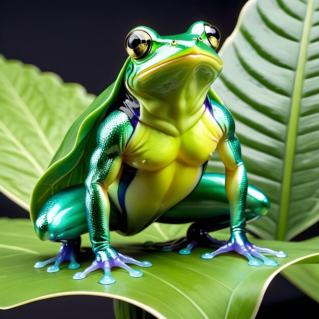 a green frog sits on a leaf with a black background
