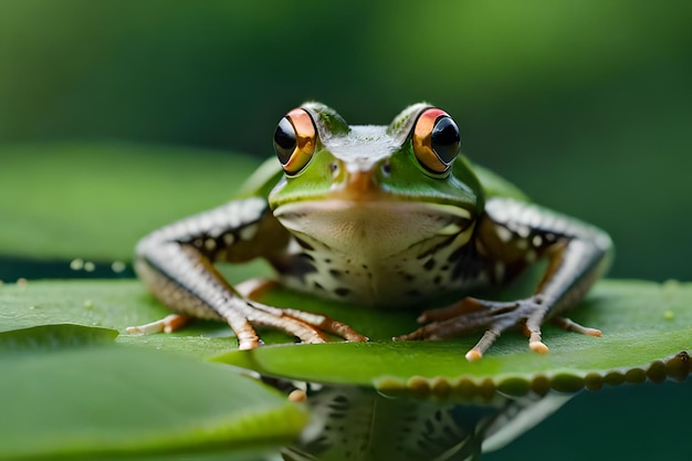 A green frog sits on a leaf with the word frog on it.