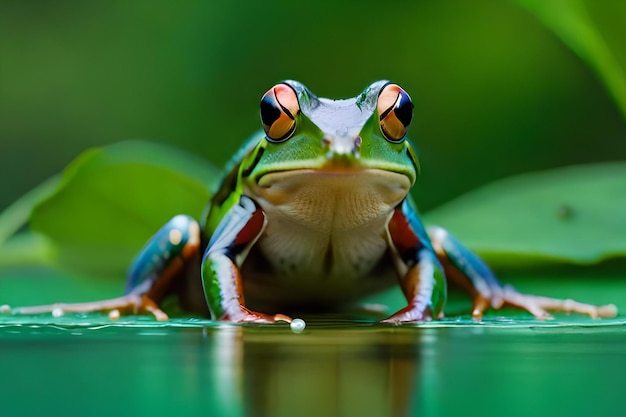 A green frog sits on a leaf with the word tree on it.