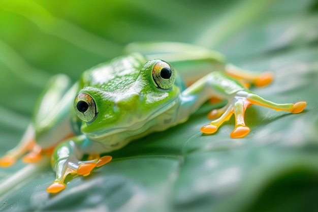 a green frog sits on a leaf