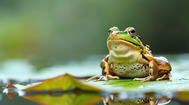 Photo a green frog sits on a lily pad in a pond the frog is looking at the camera the background is blurred