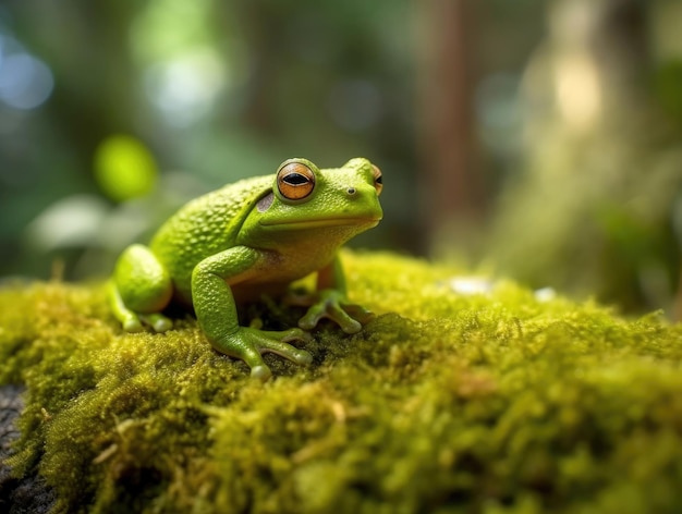 A green frog sits on mosscovered pebbles