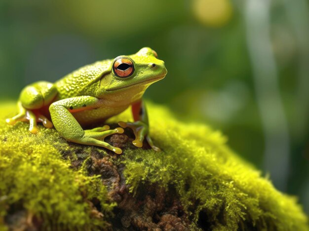 A green frog sits on mosscovered pebbles