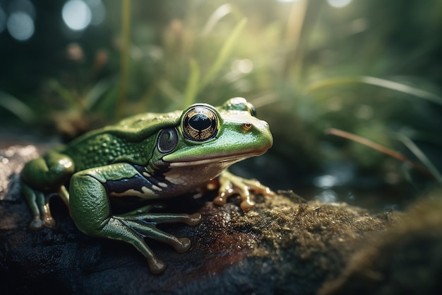 A green frog sits on a rock in the forest.