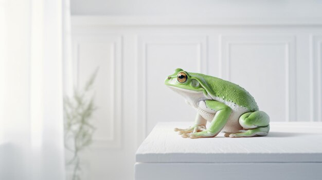 写真 白い床の上に座っている緑のカエル