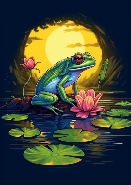 Photo a green frog sitting on a rock in the water with lily pads generative ai