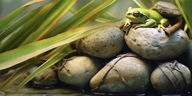 Green frog sitting on a stone on a green background with AI generated