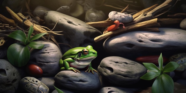 Green frog sitting on a stone on a green background with AI generated