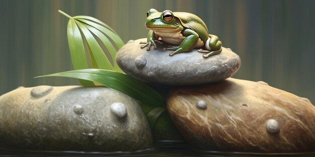 Green frog sitting on a stone on a green background with AI generated