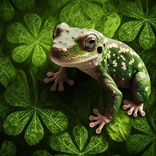 Зелёная лягушка, стоящая на зеленых клеветах Зелёный четырехлистный клевер - символ Дня Святого Патрика