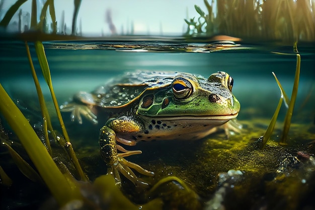 Зеленая лягушка плавает в воде