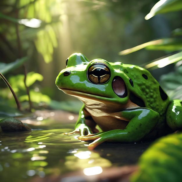 Photo green frog in the tropical forest