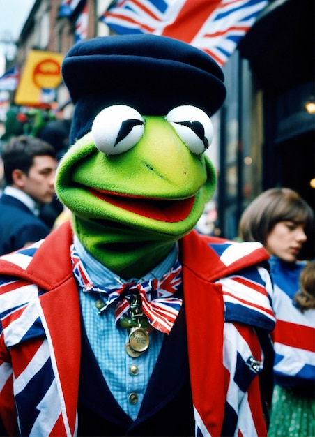 Photo a green frog wearing a british flag hat