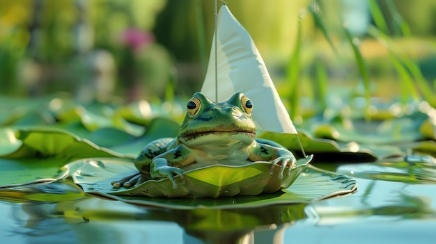 A green frog wearing a party hat is sitting on a lily pad in a pond The frog is holding a tiny oar and there is a small white sail on the lily pad