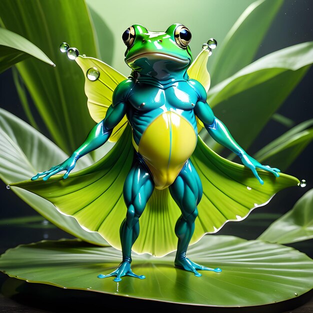 a green frog with a blue body and wings pointing up