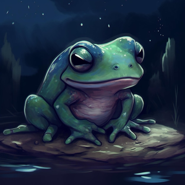 A green frog with a blue face sits on a rock in a dark night.