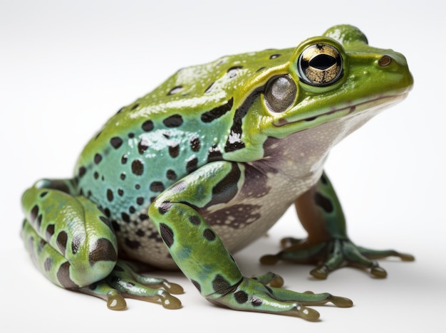 A green frog with a large eye and a green body sits on a white background.
