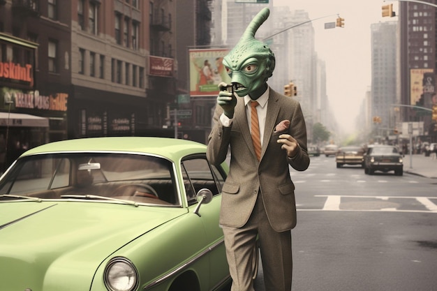 a green frog with a mask and a mask is standing in front of a green car.