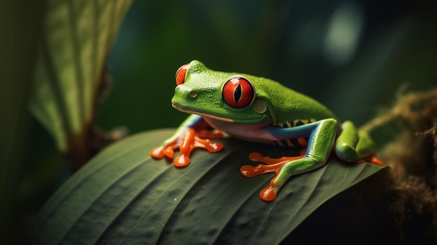 A green frog with a red eye sits on a leaf.