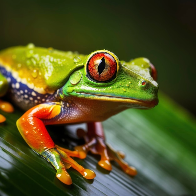 A green frog with a red eye sits on a leaf.