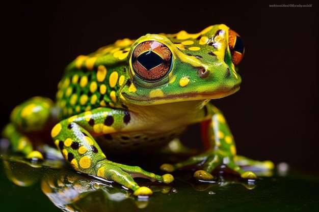 a green frog with a red eye and yellow spots on its head