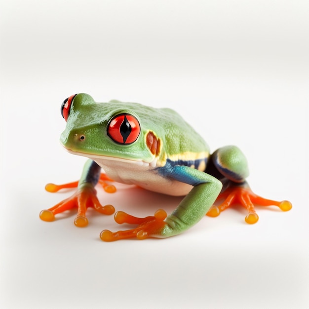 A green frog with red eyes is sitting on a white surface.