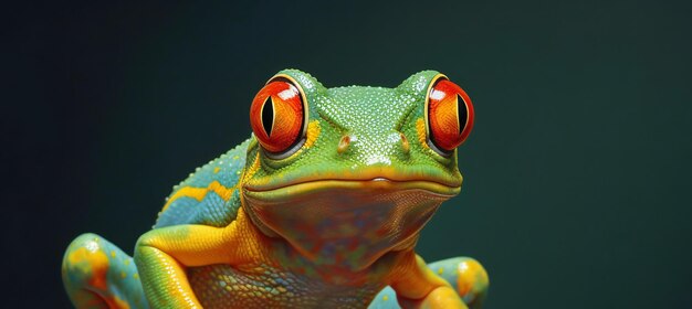 a green frog with red eyes and orange eyes.