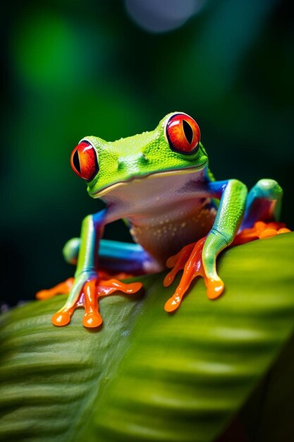 Photo a green frog with red eyes sits on a banana leaf