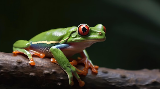 A green frog with red eyes sits on a branch.