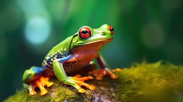 A green frog with red eyes sits on a branch.