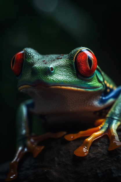 A green frog with red eyes sits on a branch.