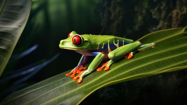 A green frog with red eyes sits on a leaf.