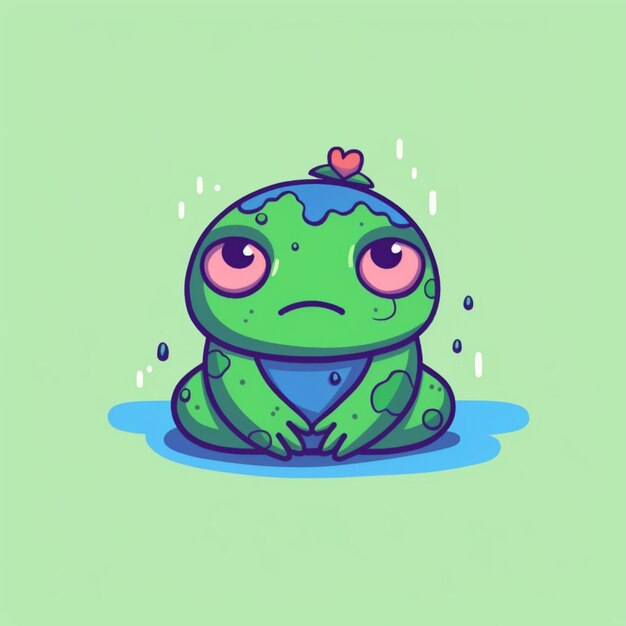 A green frog with a sad face sitting in the water generative ai