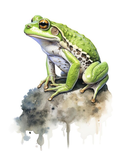 a green frog with a white spot on its head sits on a rock