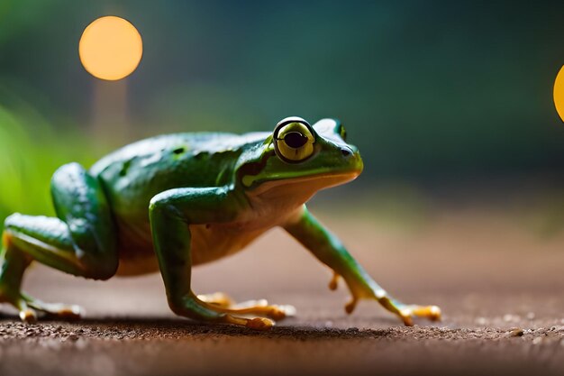 Зеленая лягушка с желтым глазом сидит на коричневой поверхности.