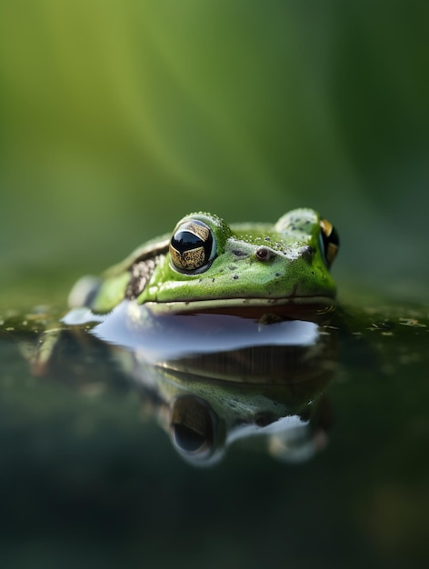 A green frog with a yellow eye sits in a pool of water.