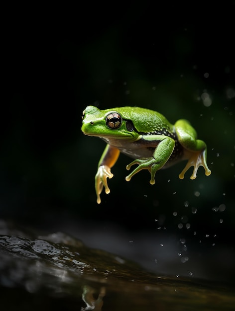 A green frog with yellow eyes is flying over a rock.