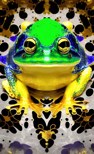 Foto una rana verde con la testa gialla e sopra una rana verde