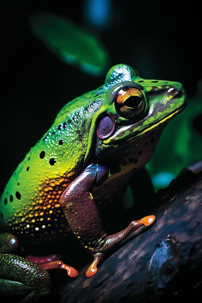 A green frog with a yellow and red body sits on a branch.