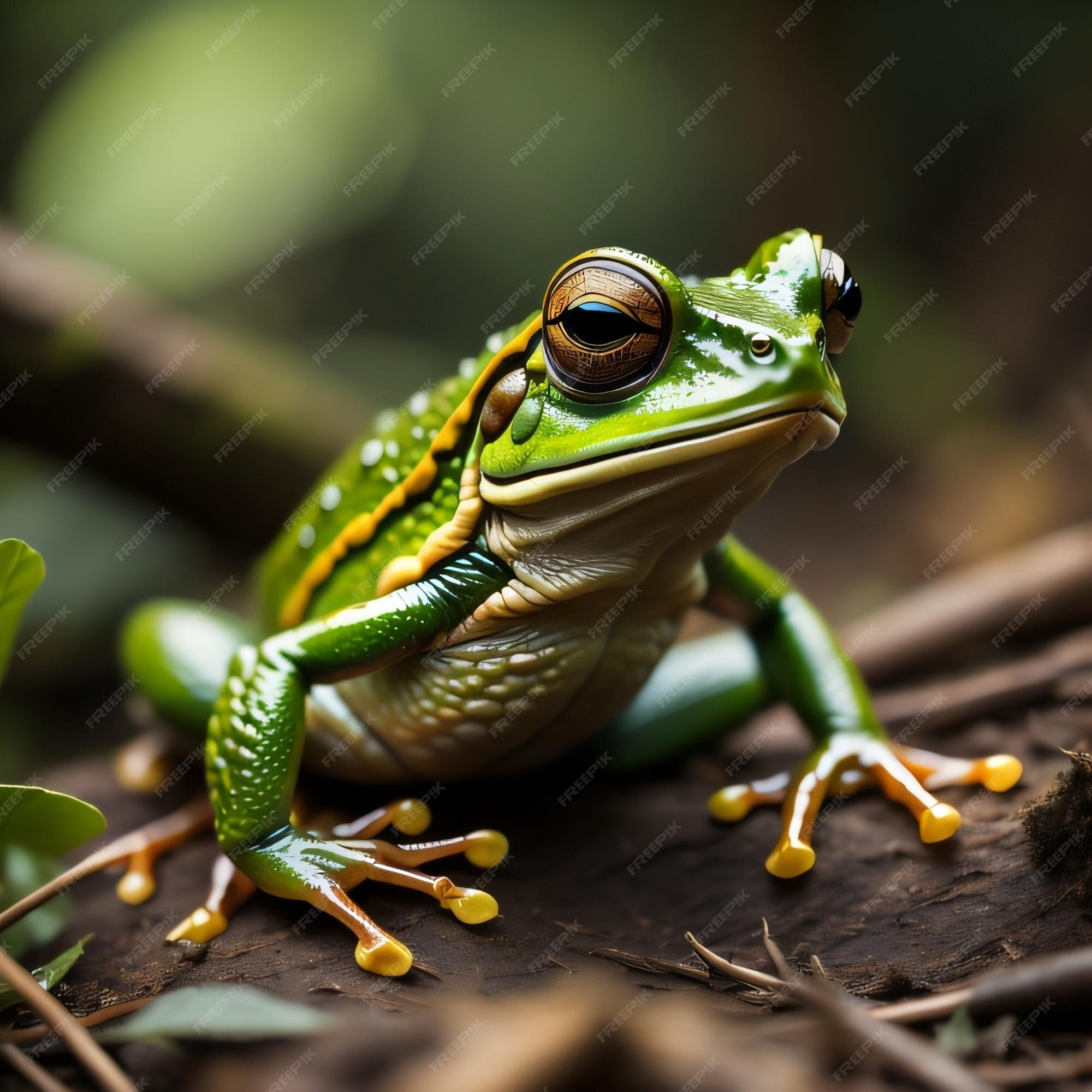 Premium Photo | A green frog with a yellow spot on its head sits on a