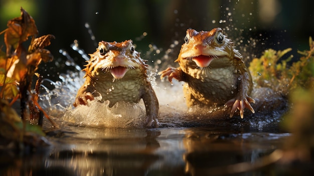 Green frogs are jumping towards the pond