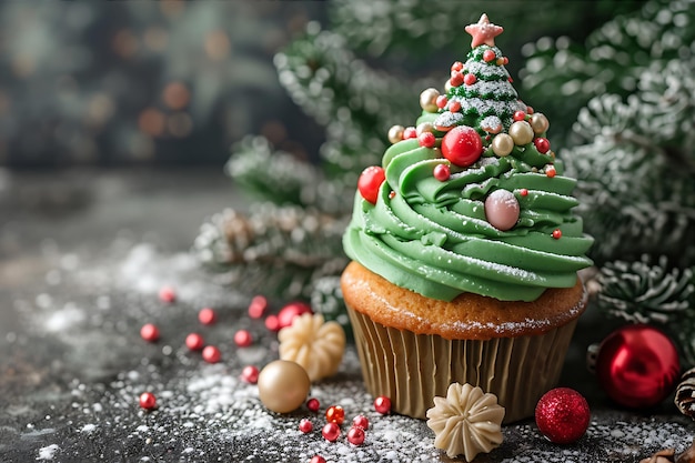 Photo green frosted cupcake with candies