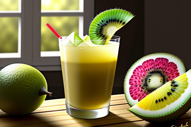 Green fruit kiwi juice drink on the table