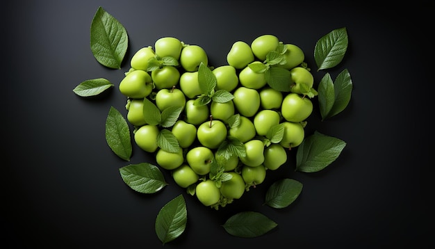 Photo green fruits in a heart shape with leaves and leaves