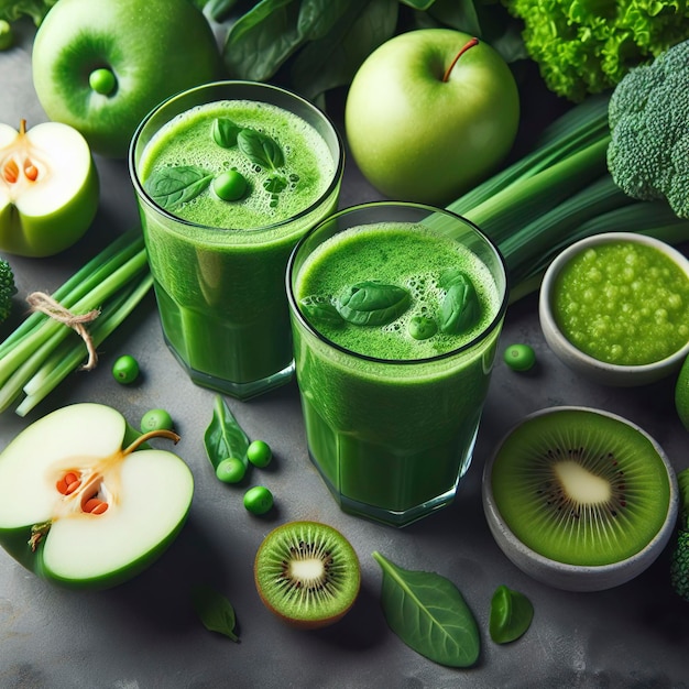 녹색 과일과 잎자루 채소 스무티 두 잔 녹색 비타민 음료 해독