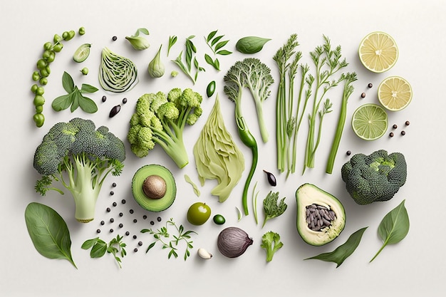 Green fruits and vegetable mix creative layout generative ai